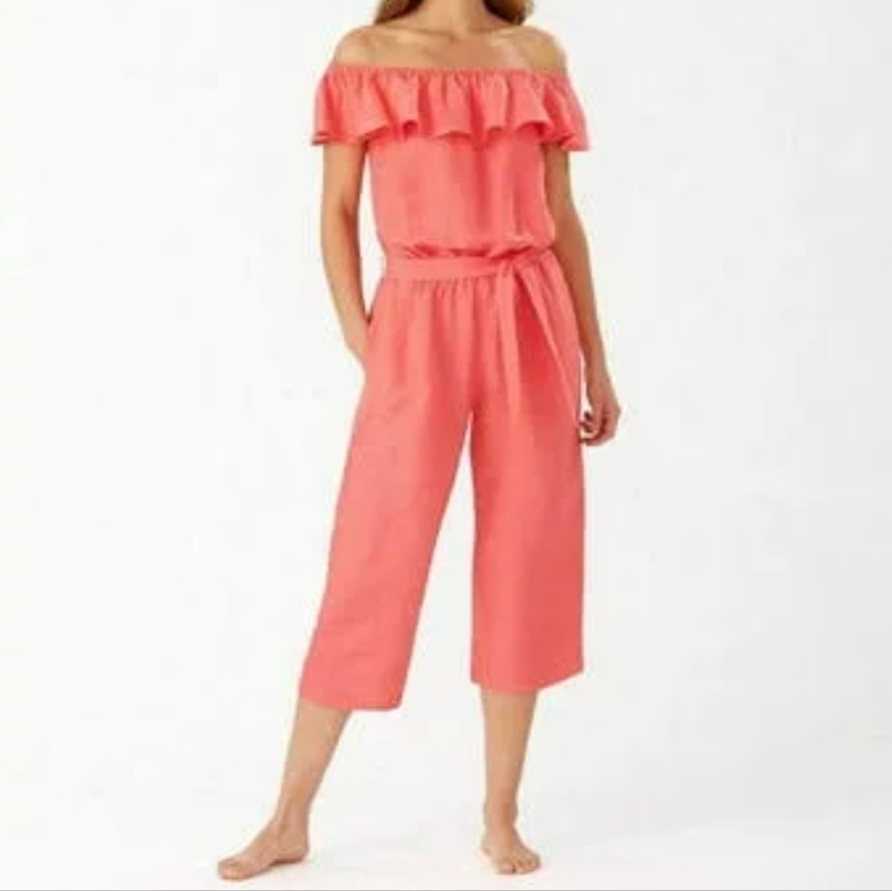 TOMMY BAHAMA Linen Blend Off The Shoulder Belted Jumpsuit